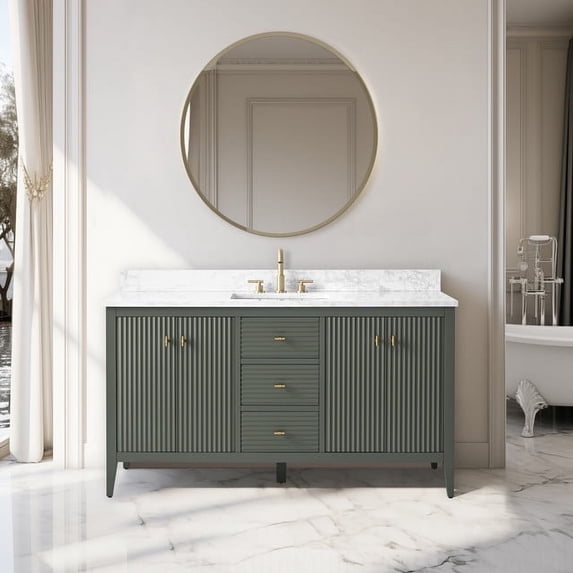 Vanity Art 60" Bathroom Vanity with Sink, Freestanding Storage Cabinet with Engineered Marble Top, Flip Down Tray, Drawer, and Shelve