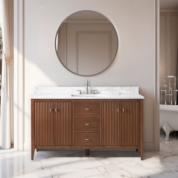 Vanity Art 60" Bathroom Vanity with Sink, Freestanding Storage Cabinet with Engineered Marble Top, Flip Down Tray, Drawer, and Shelve
