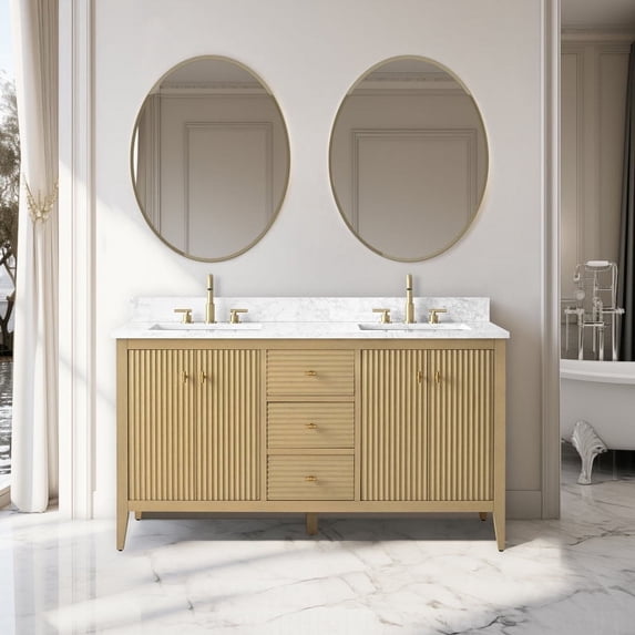 Vanity Art 60" Bathroom Vanity with Sink, Freestanding Storage Cabinet with Engineered Marble Top, Flip Down Tray, Drawer, and Shelve