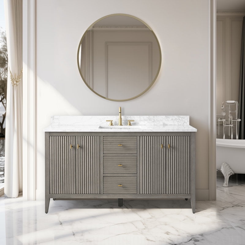 60" Driftwood Gray Freestanding Vanity with White Engineered Marble Top