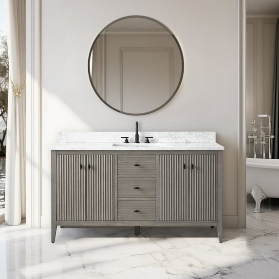 Vanity Art 60" Bathroom Vanity with Sink, Freestanding Storage Cabinet with Engineered Marble Top, Flip Down Tray, Drawer, and Shelve