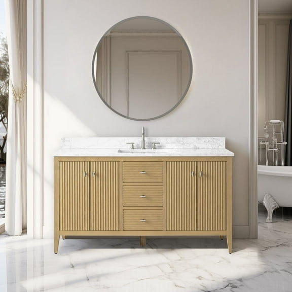 Vanity Art 60" Bathroom Vanity with Sink, Freestanding Storage Cabinet with Engineered Marble Top, Flip Down Tray, Drawer, and Shelve