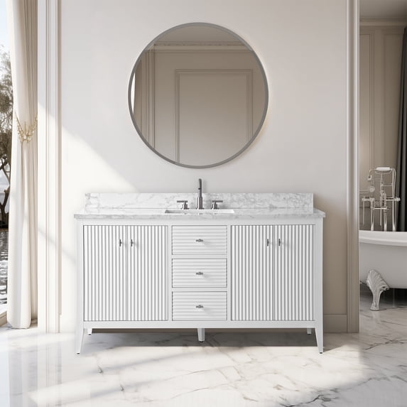 Vanity Art 60" Bathroom Vanity with Sink, Freestanding Storage Cabinet with Engineered Marble Top, Flip Down Tray, Drawer, and Shelve