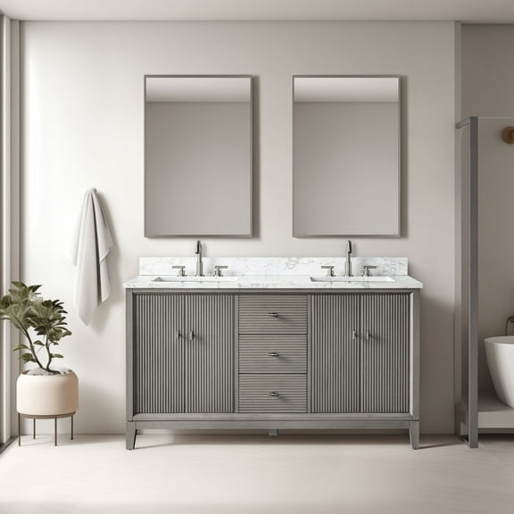 Vanity Art 60" Bathroom Vanity with Sinks and Engineered Marble Top, Freestanding Storage Cabinet with 2 Drawers, 2 Shelves and 1 Flip Down Tray
