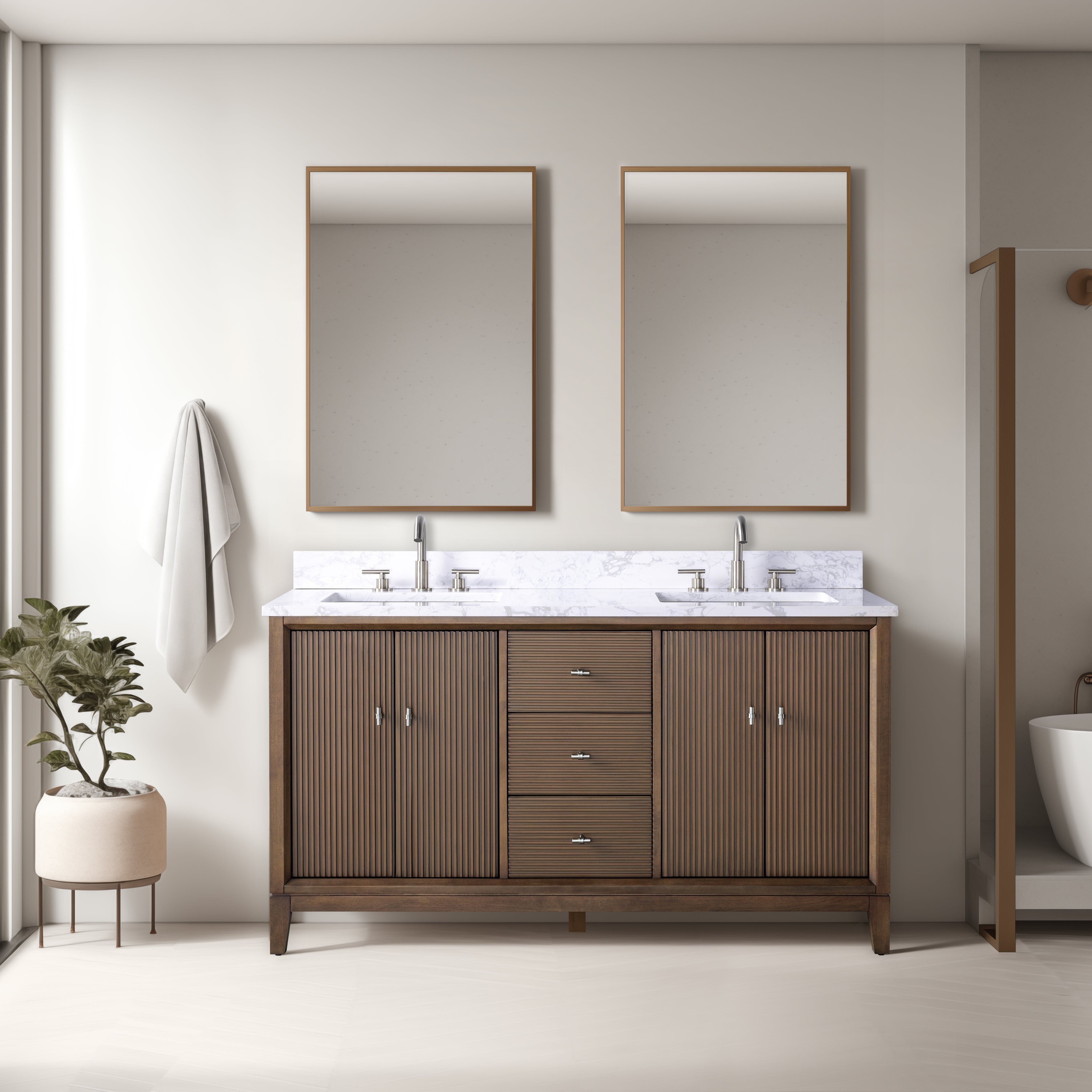 Walnut Freestanding Double Sink Vanity with Engineered Marble Top
