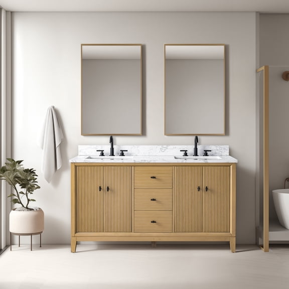 Vanity Art 60" Bathroom Vanity with Sinks and Engineered Marble Top, Freestanding Storage Cabinet with 2 Drawers, 2 Shelves and 1 Flip Down Tray