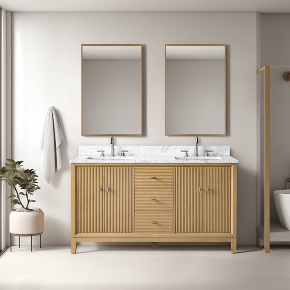 Vanity Art 60" Bathroom Vanity with Sinks and Engineered Marble Top, Freestanding Storage Cabinet with 2 Drawers, 2 Shelves and 1 Flip Down Tray