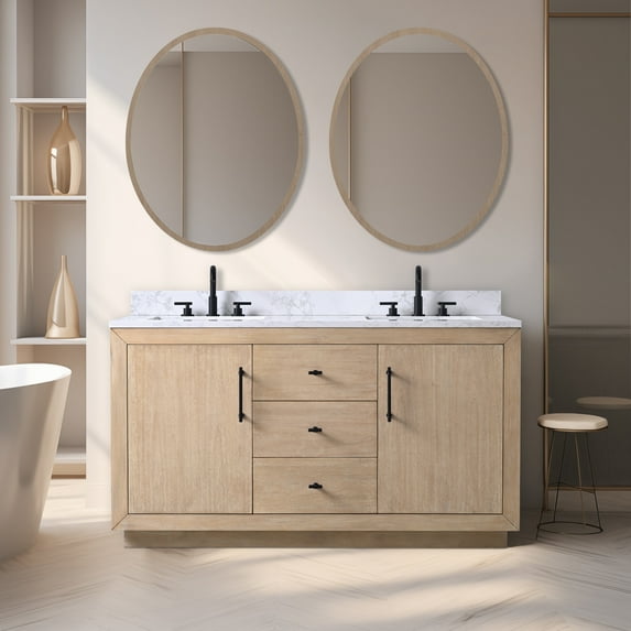 Vanity Art 60" Double Bathroom Vanity with Sink,,Freestanding Bath Storage Cabinet with Engineered Marble Top