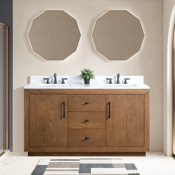 Vanity Art 60” Double Door Bathroom Vanity Cabinet with Undermount Sink, Solid Wood Free Standing Storage Cabinets with Flip Down Tray, Engineered Marble Countertop, 2 Removable Shelves,and 2 Drawers