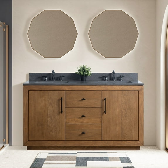 Vanity Art 60” Double Sink Bathroom Vanity Cabinet with Adjustable Shelves, Solid Wood Free Standing Storage Cabinets with Black Limestone Countertop, Undermount Sinks, Flip Down Tray, and 2 Drawers