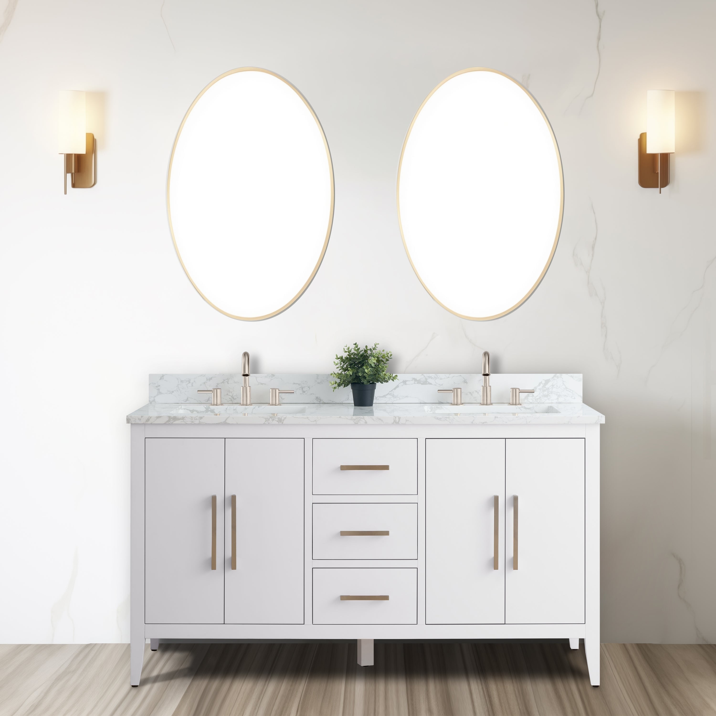 60" White Double Sink Bathroom Vanity with Marble Top