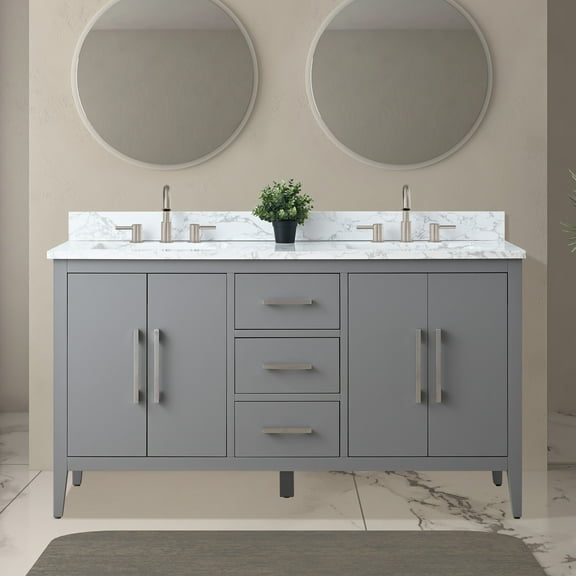 Vanity Art 60” Double Sink Bathroom Vanity Cabinet with Engineered Marble Countertop