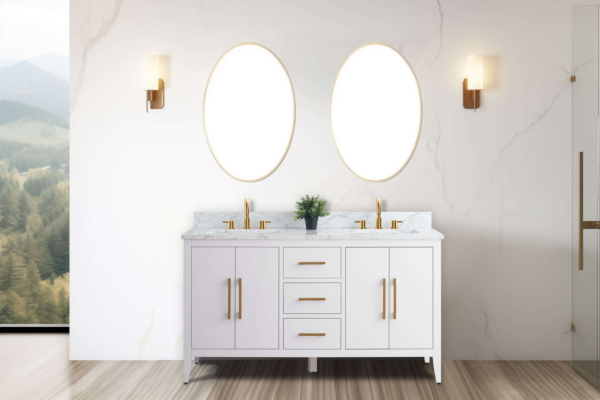 60" White Double Sink Bathroom Vanity with Gold Hardware