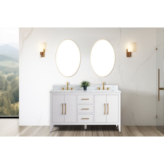 Vanity Art 60” Double Sink Bathroom Vanity Cabinet with Engineered Marble Countertop