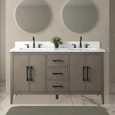 Vanity Art 60” Double Sink Bathroom Vanity Cabinet with Engineered Marble Countertop