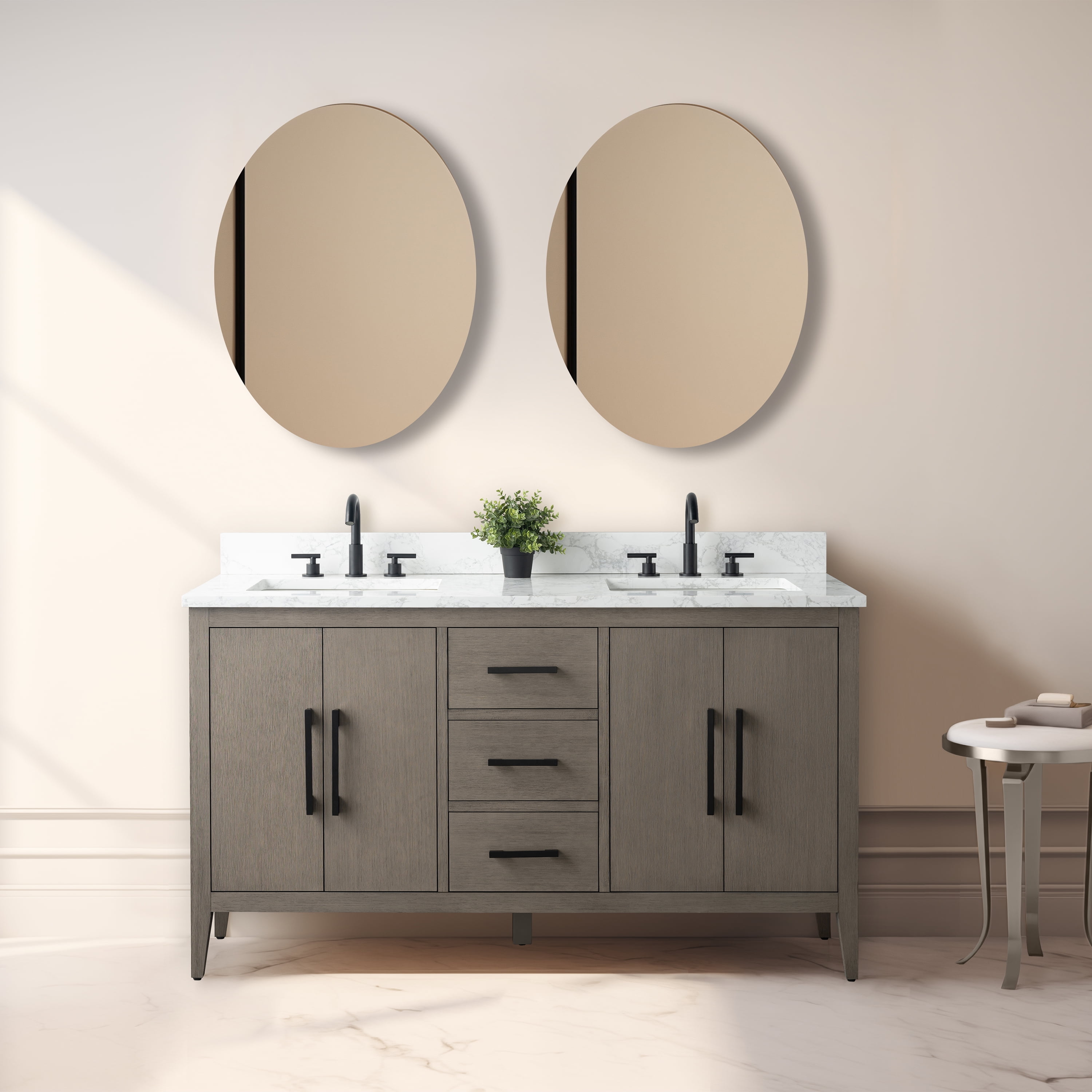 Driftwood Gray 60" Double Sink Bathroom Vanity with Marble Countertop