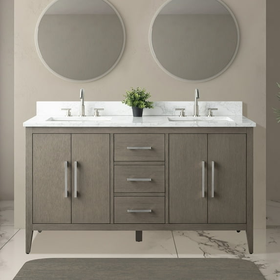 Vanity Art 60” Double Sink Bathroom Vanity Cabinet with Engineered Marble Countertop