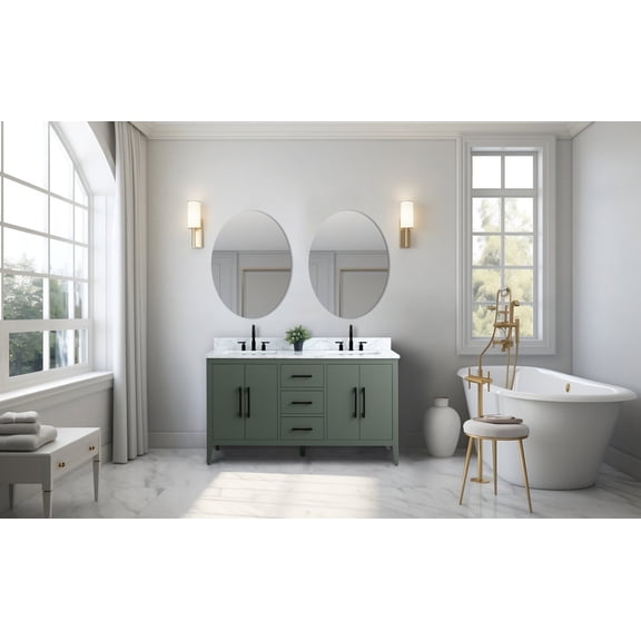 Vanity Art 60” Double Sink Bathroom Vanity Cabinet with Engineered Marble Countertop