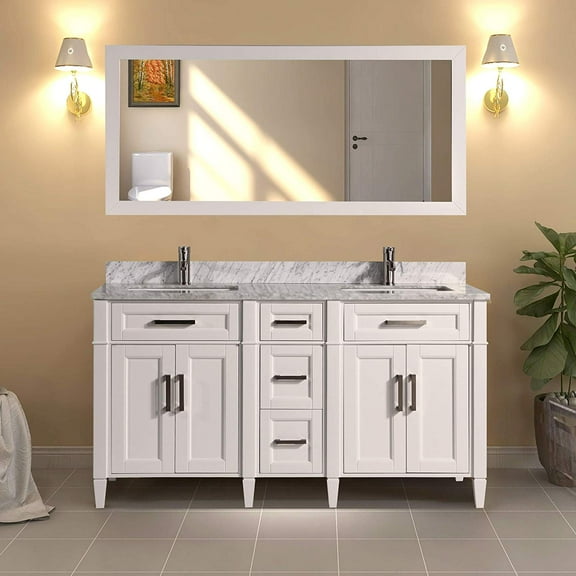 Vanity Art 60" Double Sink Bathroom Vanity Combo Set 5-Drawers, 2-Shelves Carrara Marble Stone Top Under Sink Cabinet with Mirror