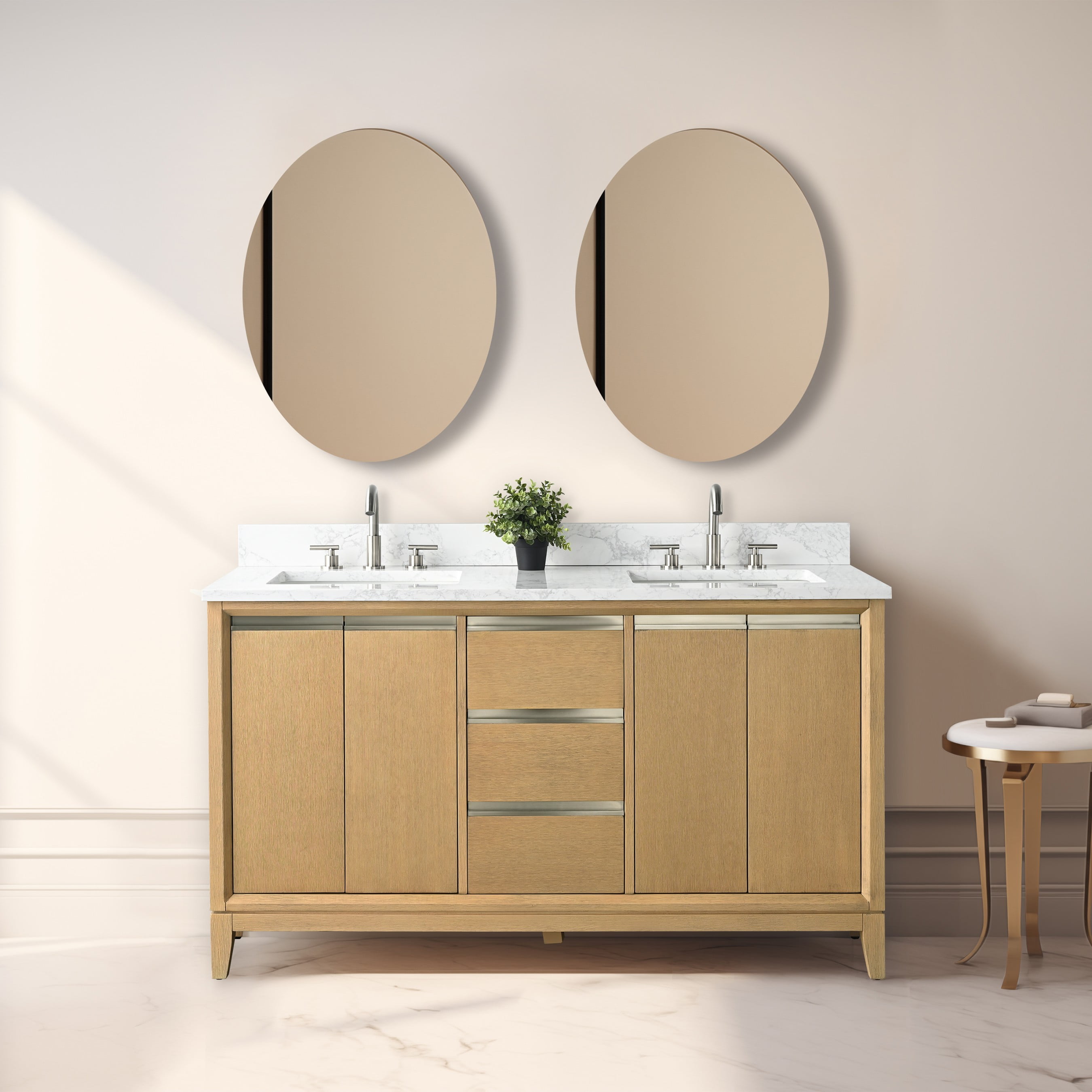 60" Natural Oak Double Sink Bathroom Vanity with Engineered Marble Top