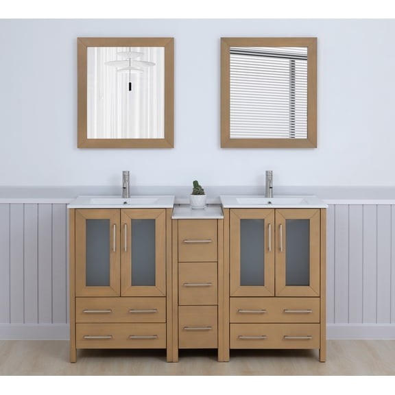 Vanity Art 60" Double Sink Freestanding Bathroom Vanity Set with Ceramic Top and Mirror