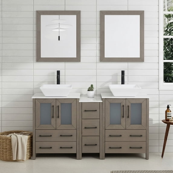 Vanity Art 60" Double Sink Freestanding Bathroom Vanity Set with Engineered Marble Top and Mirror