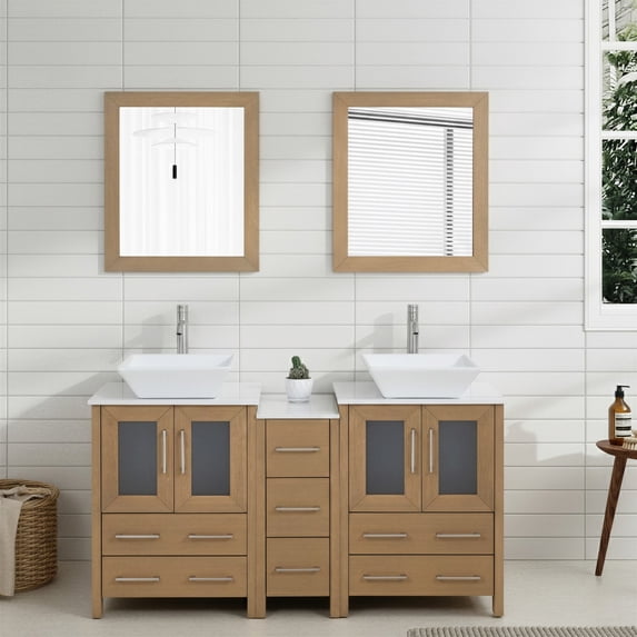 Vanity Art 60" Double Sink Freestanding Bathroom Vanity Set with Engineered Marble Top and Mirror