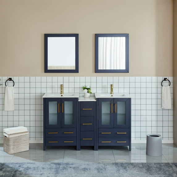 Vanity Art 60 Inch Double Sink Bathroom Vanity Combo Set 1 Side Cabinet 2 Shelves 7 Dove-Tailed Drawers Ceramic Top Bathroom Cabinet with Free Mirror VA3024-60B