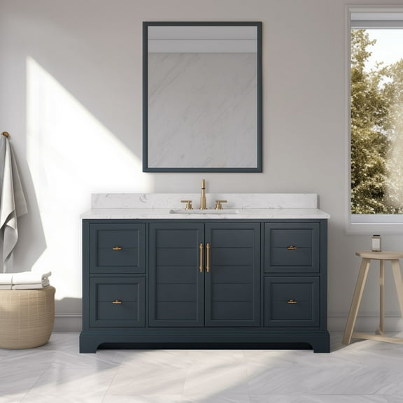 Vanity Art 60 Inch Single Sink Bathroom Vanity With Ceramic Sink and Engineered Marble Top | Undermount Rectangular Sink Cabinet Soft Closing Doors, Dovetailed Drawers, No Mirror VA5060-SVSB