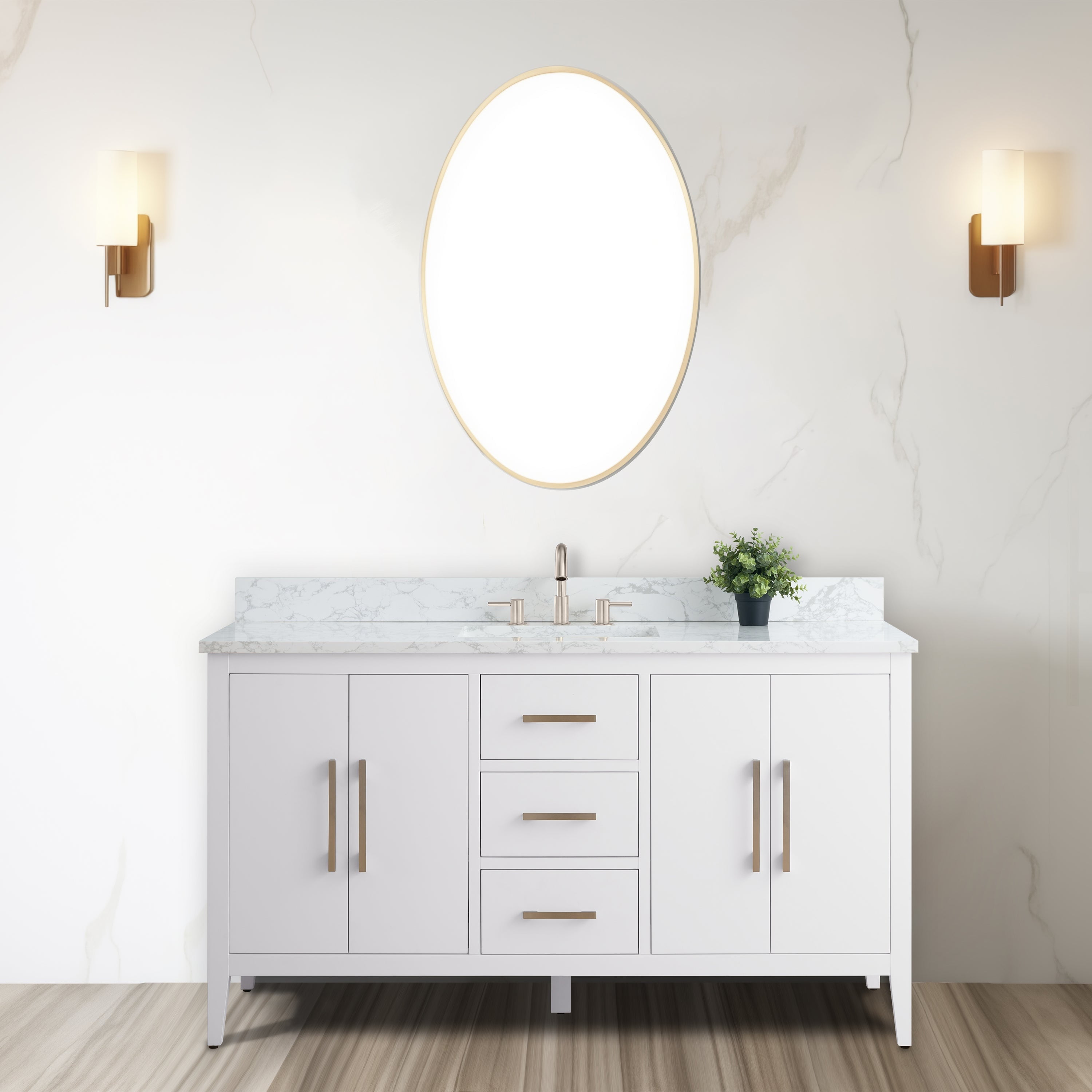 60'' White MDF Freestanding Bathroom Vanity with Engineered Marble Top