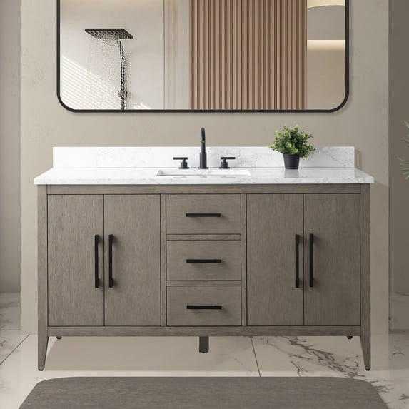 Vanity Art 60” Single Sink Bathroom Vanity Cabinet with Engineered Marble Countertop
