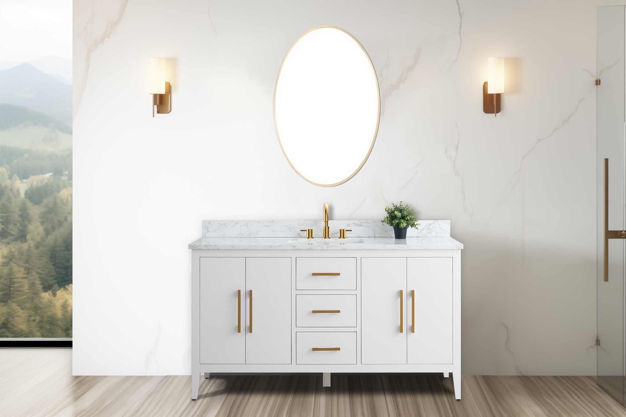 60'' White MDF Single Sink Bathroom Vanity with Engineered Marble Top