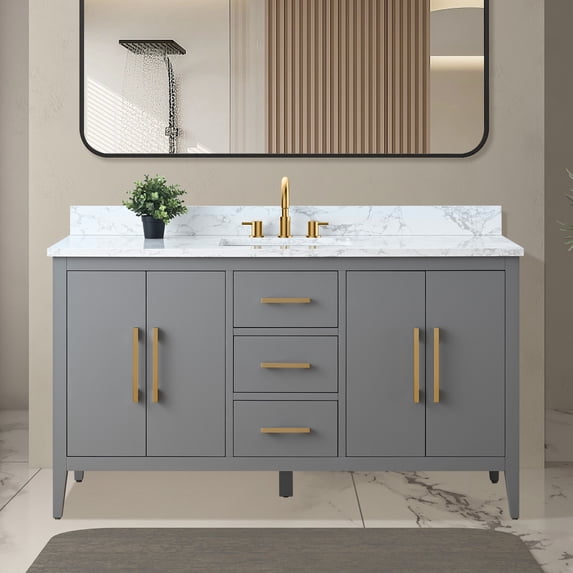 Vanity Art 60” Single Sink Bathroom Vanity Cabinet with Engineered Marble Countertop