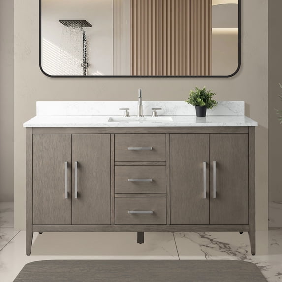 Vanity Art 60” Single Sink Bathroom Vanity Cabinet with Engineered Marble Countertop