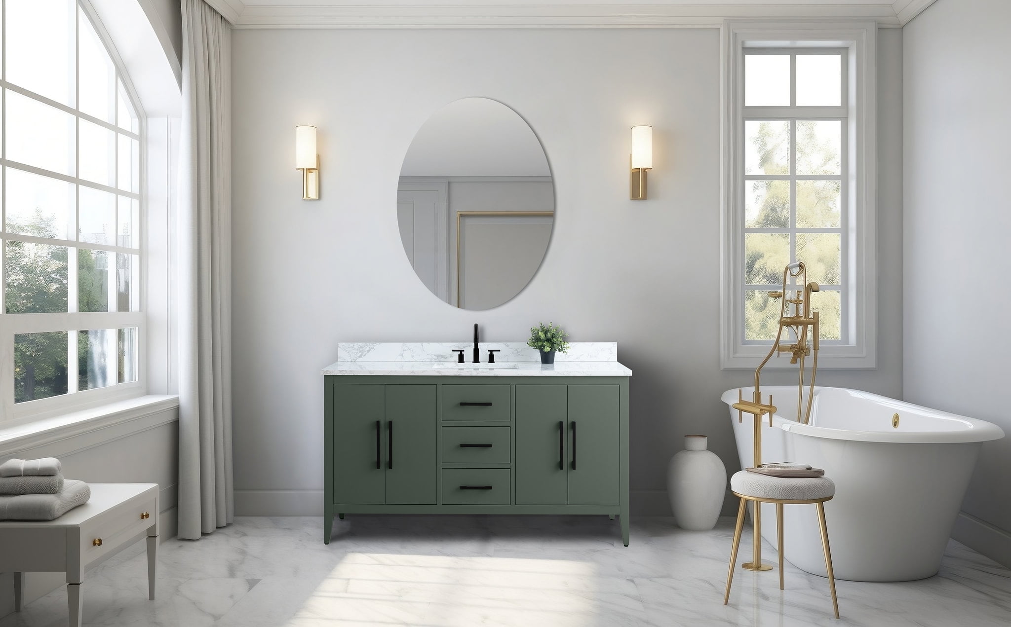 60'' Vintage Green MDF Single Sink Bathroom Vanity with White Marble Top