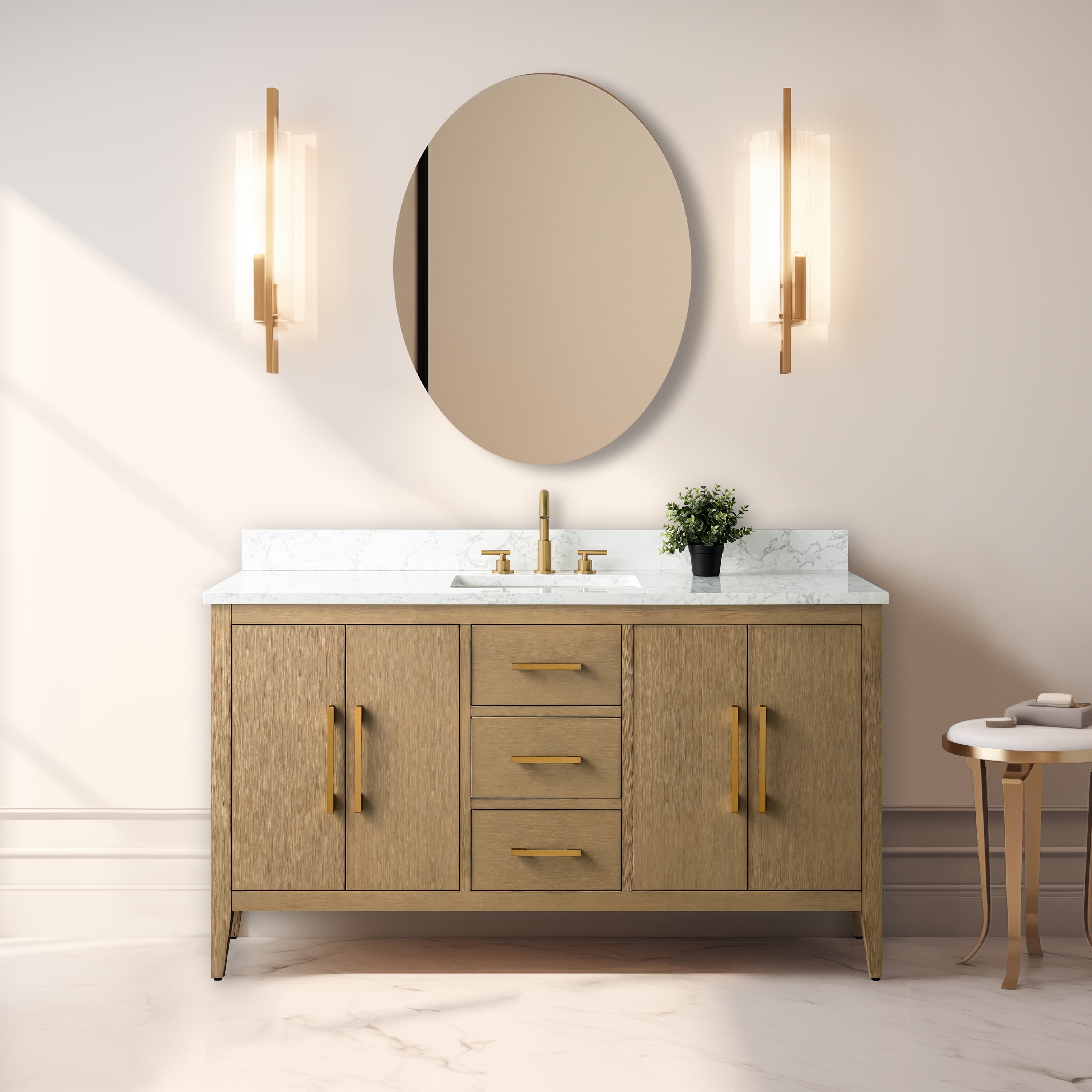 Natural Oak 60'' Single Bathroom Vanity with Engineered Marble Top