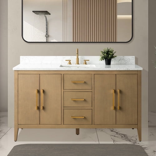 Vanity Art 60” Single Sink Bathroom Vanity Cabinet with Engineered Marble Countertop