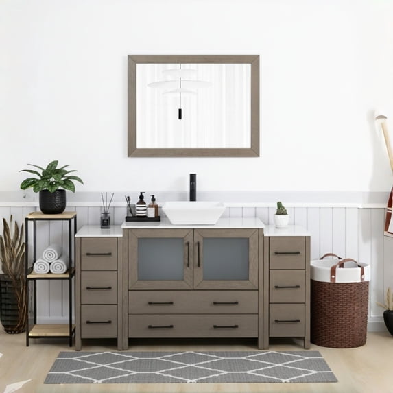 Vanity Art 60" Single Sink Freestanding Bathroom Vanity Set with Engineered Marble Top and Mirror