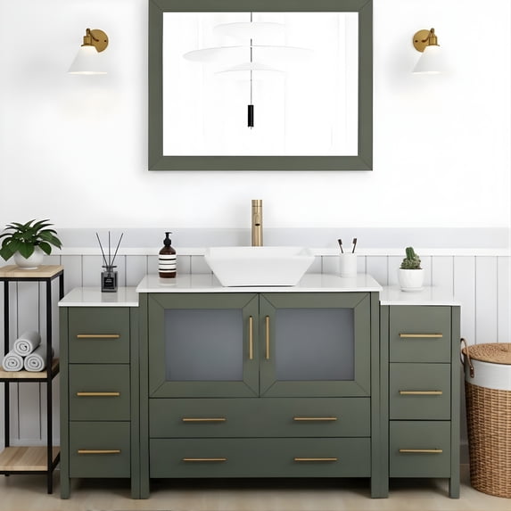 Vanity Art 60" Single Sink Freestanding Bathroom Vanity Set with Engineered Marble Top and Mirror