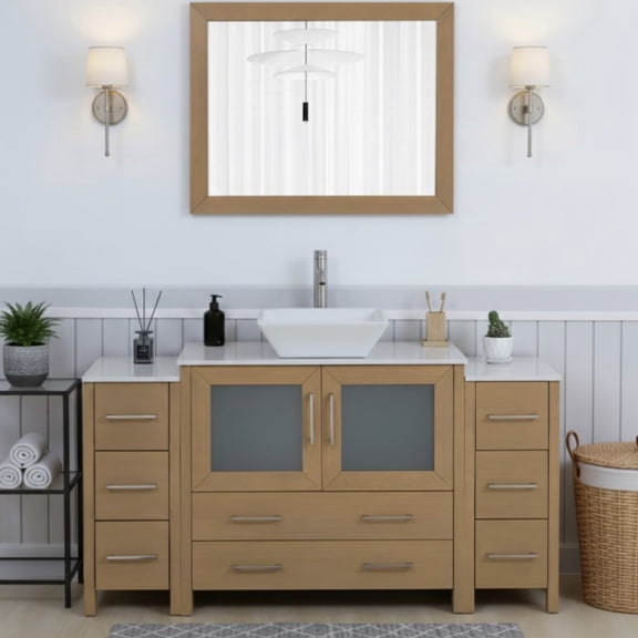 Vanity Art 60" Single Sink Freestanding Bathroom Vanity Set with Engineered Marble Top and Mirror