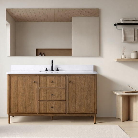 Vanity Art 60" Single Sink Freestanding Bathroom Vanity with Engineered Stone Top