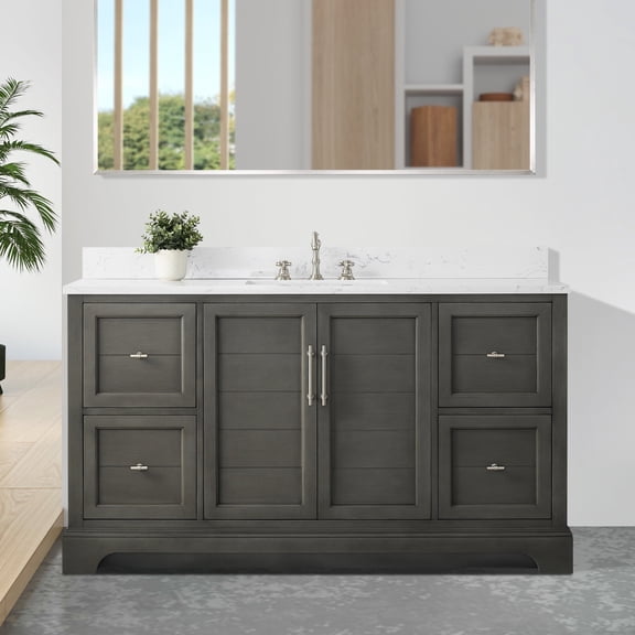 Vanity Art 60 x 22 x 34 in. Double Sink Bathroom Vanity with Quartz Top & Backsplash, Silver Grey