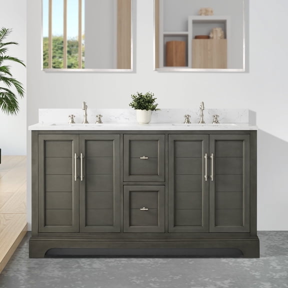 Vanity Art 60 x 22 x 34 in. Single Sink Bathroom Vanity with Quartz Top & Backsplash, Silver Gray