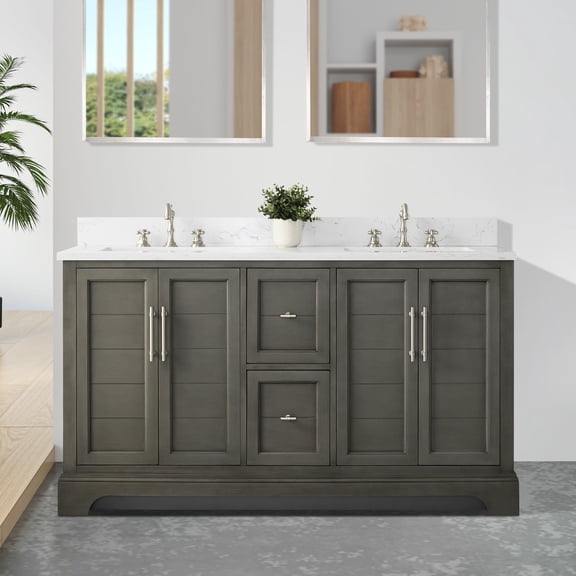 Vanity Art 60 x 22 x 34 in. Single Sink Bathroom Vanity with Quartz Top & Backsplash, Silver Gray