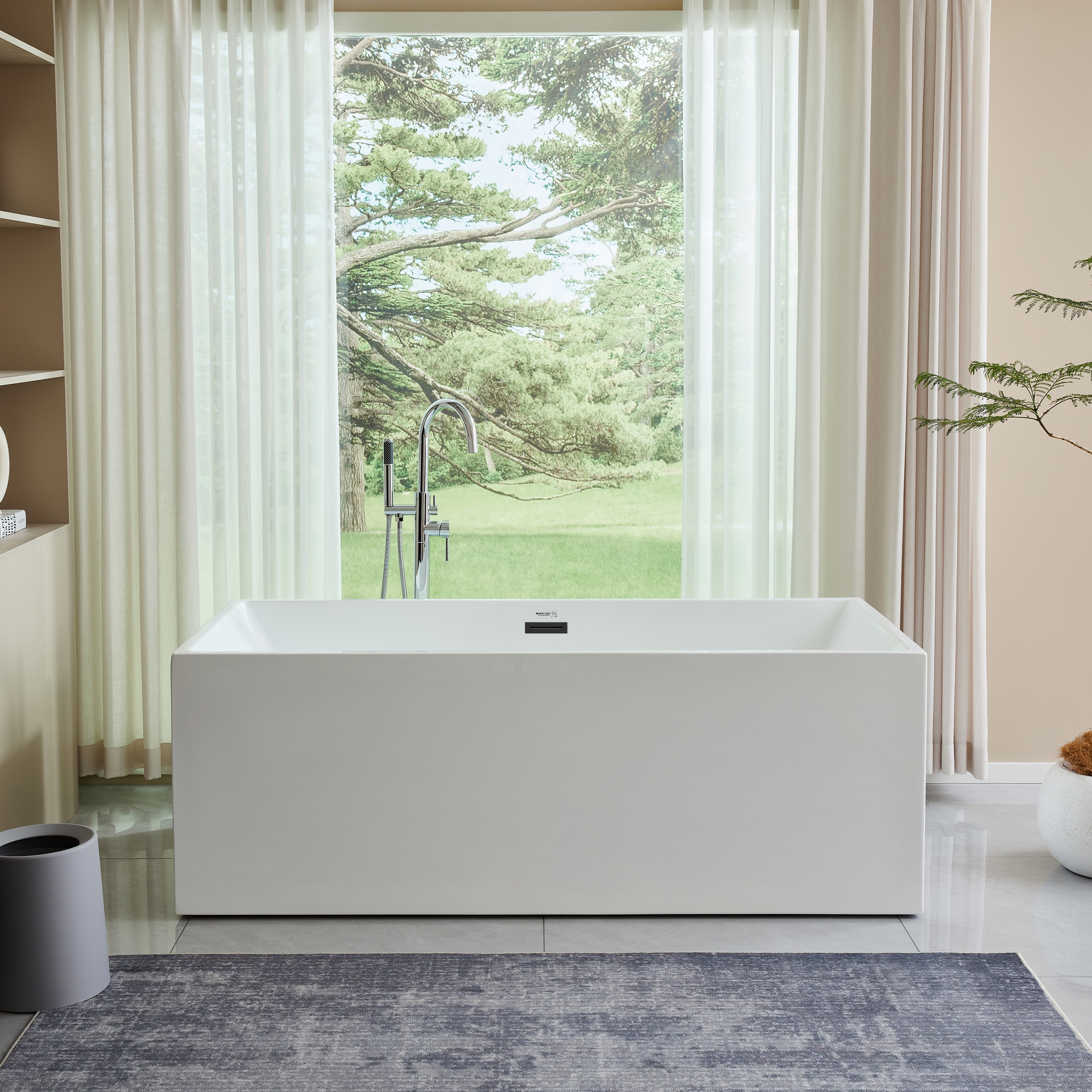 White Acrylic Freestanding Soaking Bathtub with Matte Black Trim