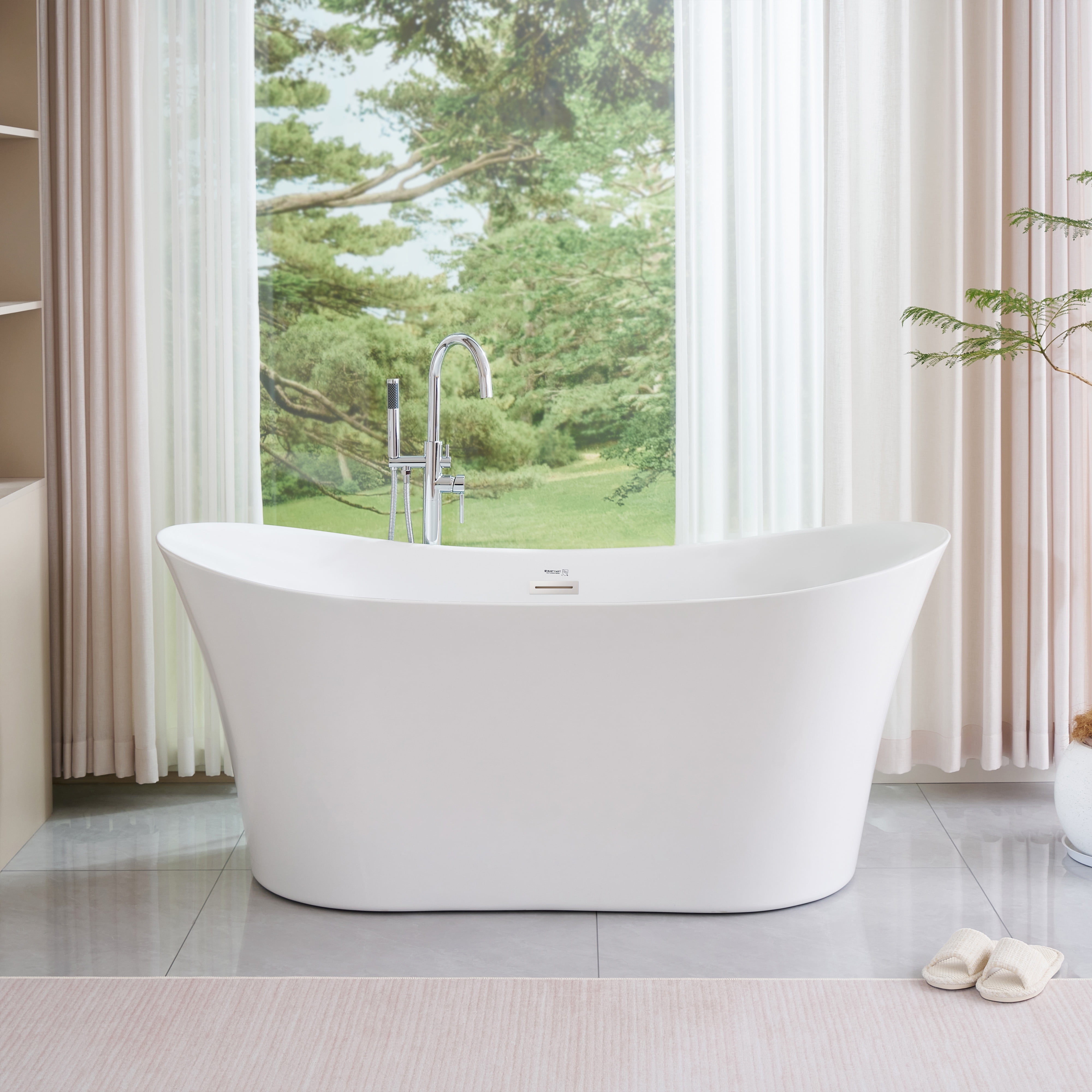 67" White Acrylic Freestanding Soaking Bathtub with Chrome Overflow