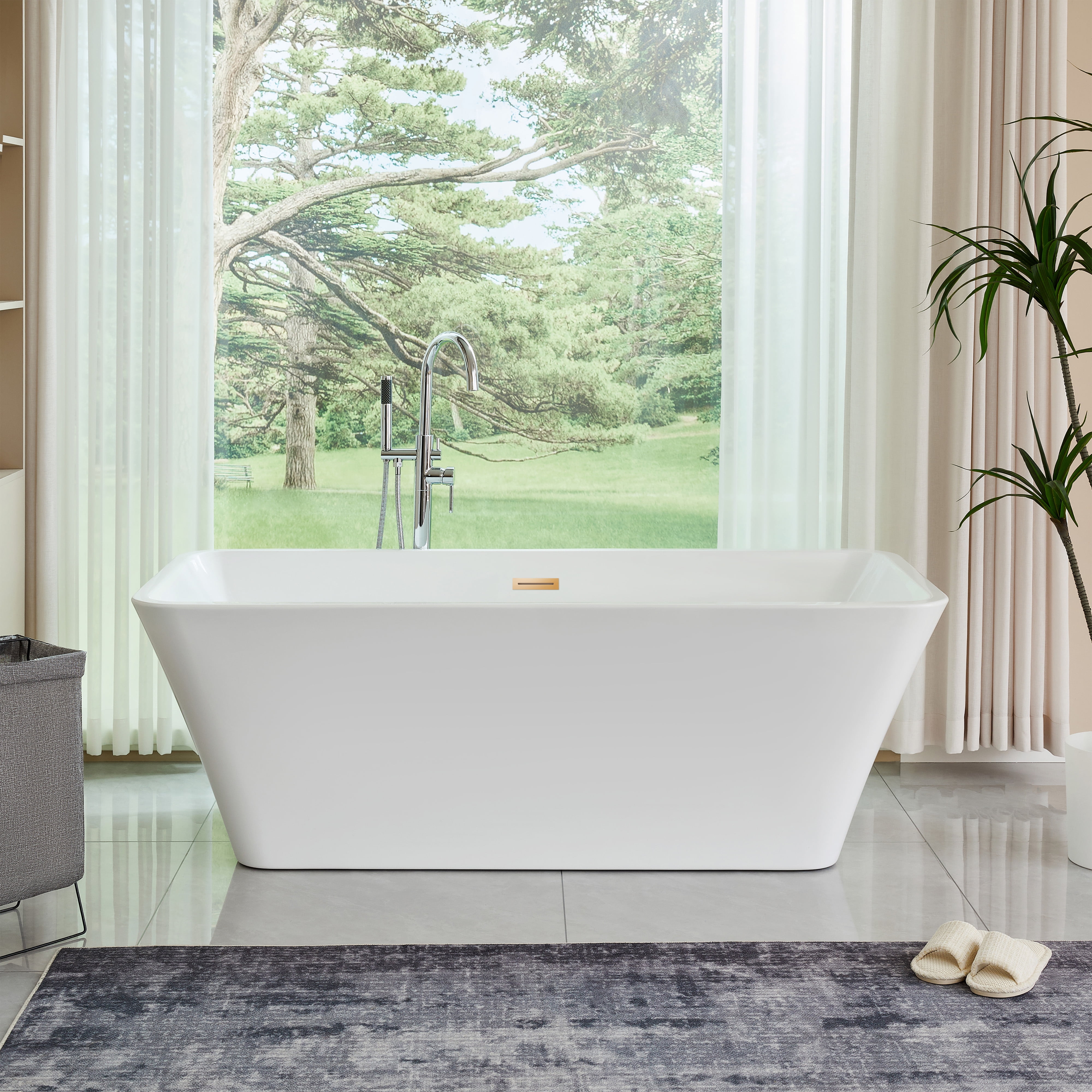 White and Titanium Gold 67'' Freestanding Acrylic Bathtub