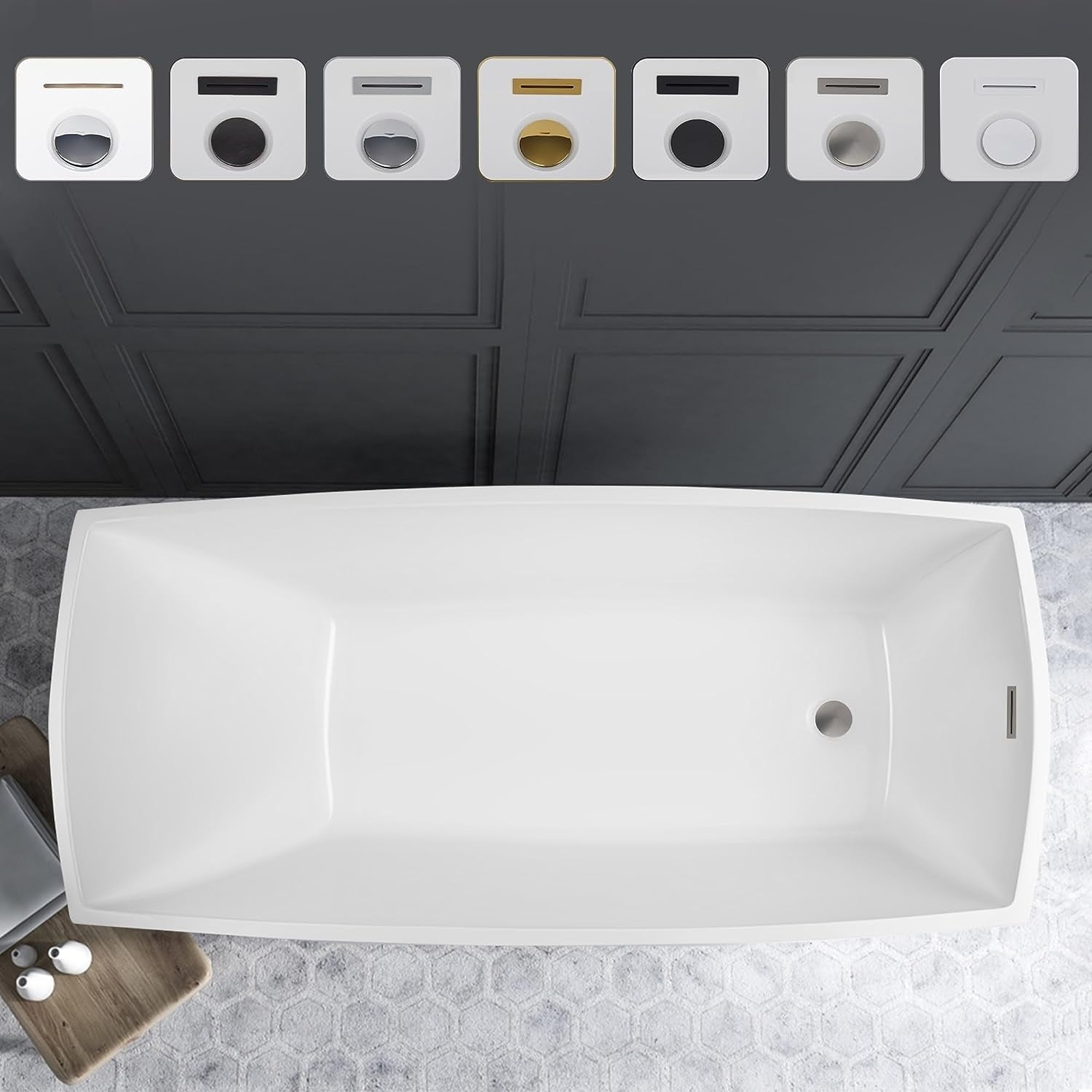 67-Inch White Acrylic Freestanding Soaking Bathtub with Brushed Nickel Drain