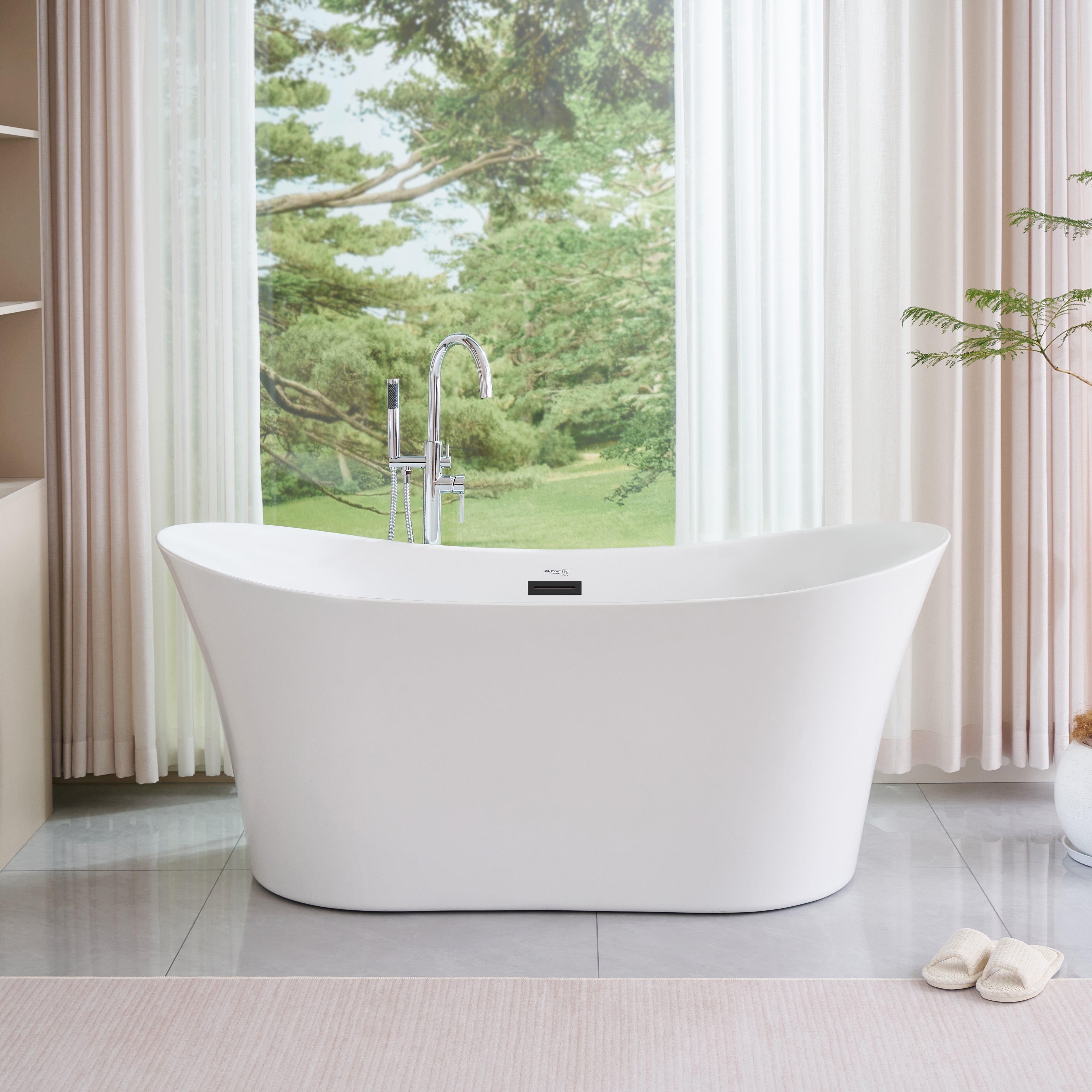 67" White Acrylic Freestanding Soaking Bathtub with Matte Black Trim