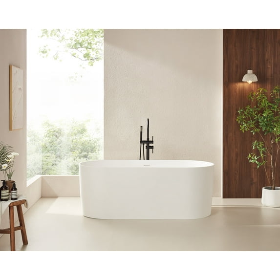 Vanity Art 67" x 32” Stone Resin Ergonomic Shape Freestanding Bathtub, Contemporary Design Soaking Tub with Overflow and Pop Up Drain